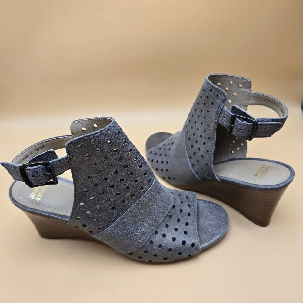 Johnston & Murphy Grey Suede Perforated Wedge Sandals 8M 78-41506 Made in Brazil
